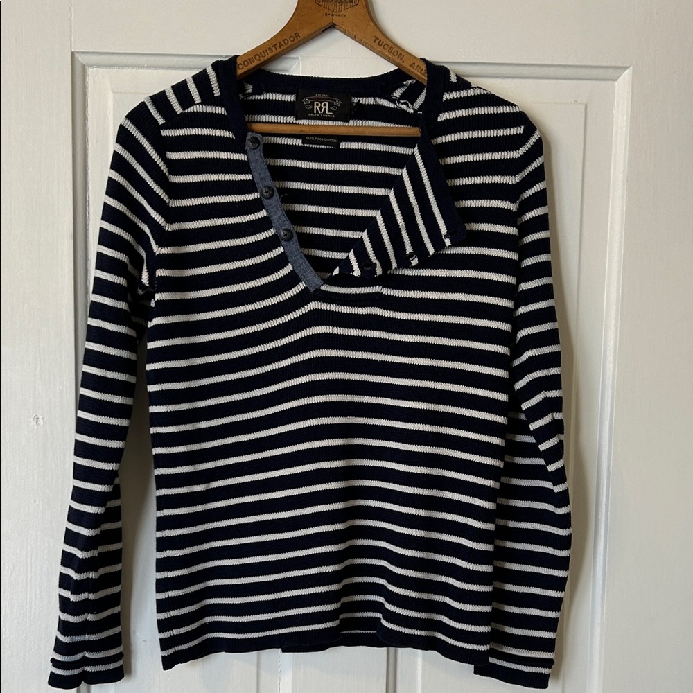 Ralph Lauren Double RL Navy and White Striped Knit Sweater